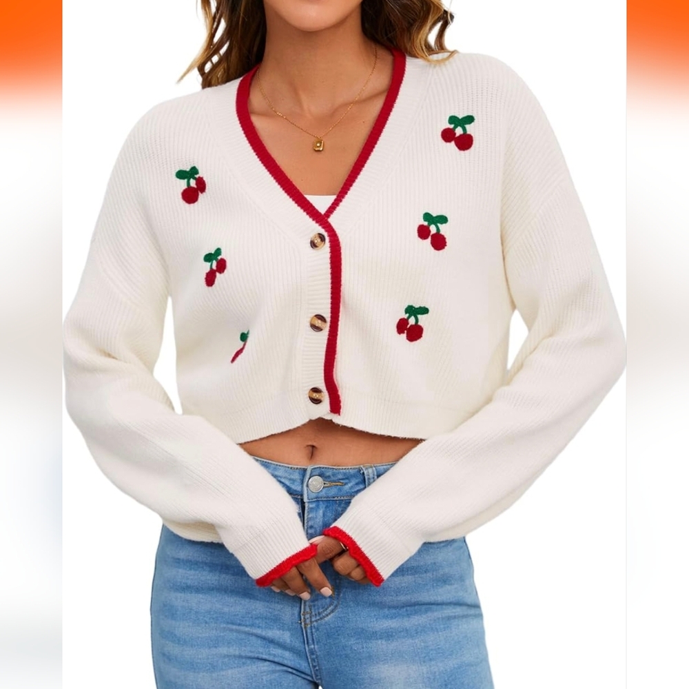 Cherry Embroidered Off White Cardigan Sweater
